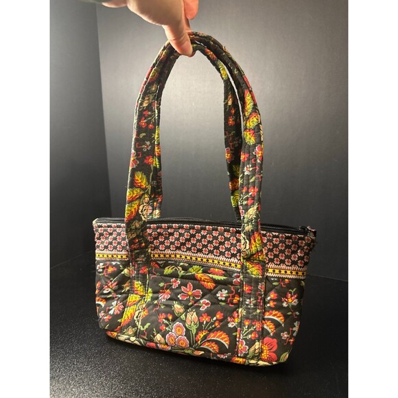 Vintage Quilted Floral Tote Bag Black Red Yellow Cotton Unbranded 12x5x3 - Picture 1 of 9